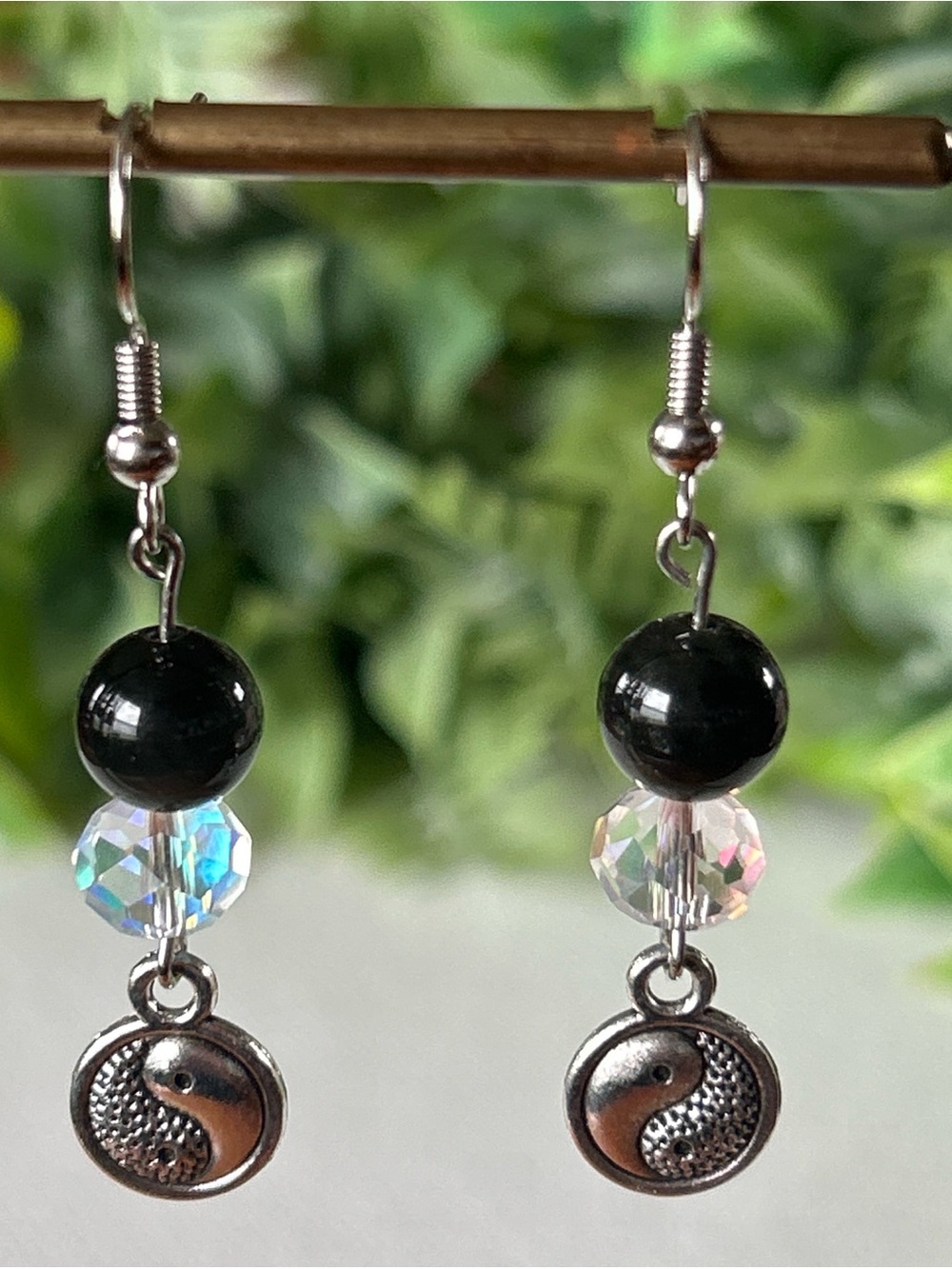 Handmade black obsidian and silver Yin Yang Dangle Earrings